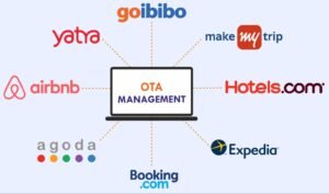 A diagram showing OTA Management with connected logos of goibibo, makemytrip, hotels.com, Expedia, Booking.com, Airbnb, Yatra, and agoda.